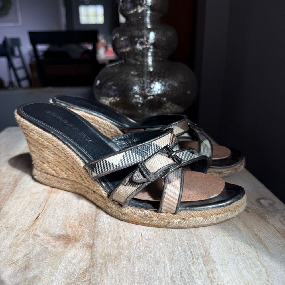 Burberry Authentic Nova Check Black Leather Espadrille Wedge Sandals